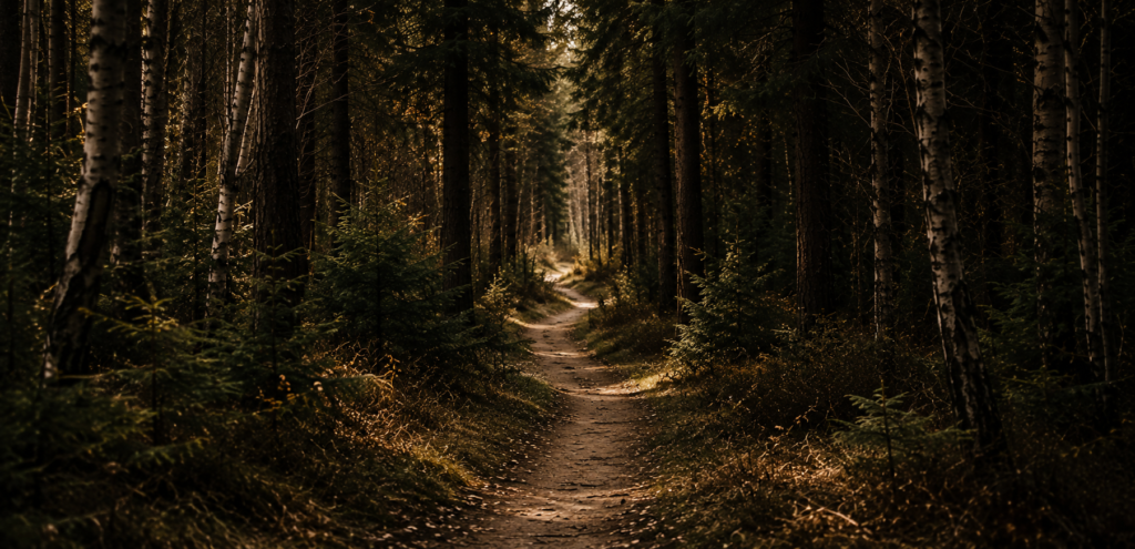 A quiet forest path in soft morning light, symbolizing the beginning of a witchcraft practice