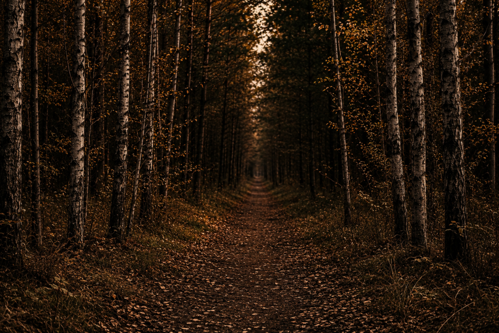 Dark forest path at dusk, a quiet setting for daily witchcraft practice