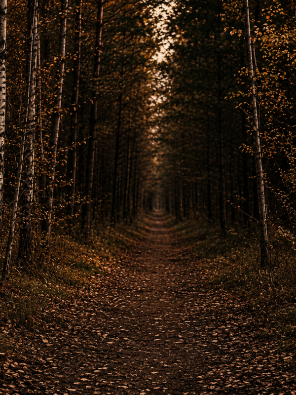 Dark forest path at dusk, a quiet setting for daily witchcraft practice